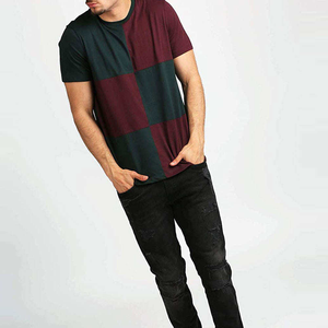 Men's Color Blocked <b>Patchwork</b> T-<b>Shirt</b> Short Sleeve O-Neck Regular Fit Casual Knitted Design Teal And Burgundy - Product Image 3