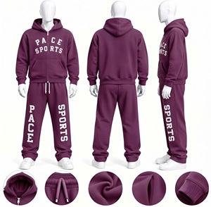 Ensemble survêtement homme molletonné épais violet prune foncé avec sweat à capuche zippé et pantalon de jogging – Vêtements d'hiver streetwear en gros - Product Image 5