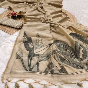 VASTRA COTTAGE Saree de Algodón Ghicha Premium con Pallu de Hoja de Resham, Borde con Tejido Zari Integral, Butti y Blusa a Juego - Product Image 3