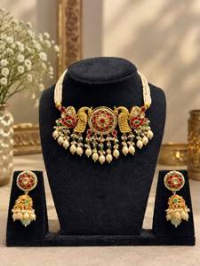 TISHYA DIAMOND Gold Plated Copper Alloy Brilliant Cut Ruby Imitation <b>Pearl</b> Tassel Necklace Earring <b>Set</b> Ethnic Wedding <b>Jewelry</b> - Product Image 1