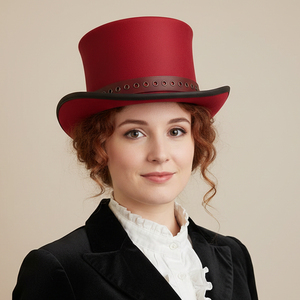 Premium quality custom made Handmade Red Leather Top <b>Hat</b> With Eyelet <b>Band</b> Gothic Steampunk Style - Product Image 3