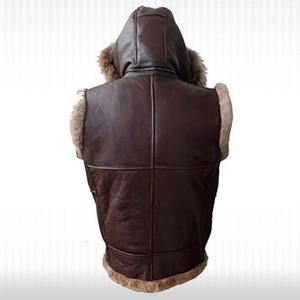 Custom <b>Men</b> Sheepskin <b>Shearling</b> Hooded Genuine Leather Vest Winter Waistcoat - Product Image 2