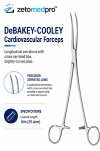 Pinzas Cardiovasculares DeBAKEY-COOLEY con Dientes Longitudinales Cruzados, Puntas Ligeramente Curvadas, 10 Pulgadas (25.4 cm) ZETOMEDPRO - Product Image 2