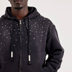 Vente en gros de sweats à capuche pour hommes personnalisés, épais, à fermeture éclair, avec patch brodé, impression sérigraphique, LOGO, strass et effet délavé à l'acide - Product Image 5