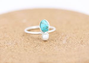 Women's Natural <b>Turquoise</b> and Pearl <b>Ring</b> Raw Gemstone December Birthstone <b>Ring</b> 925 Sterling Silver Rough Stone Jewelry - Product Image 1