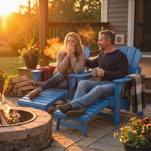 Juego de 2 Sillas Plegables Adirondack Azules de HDPE para Fogata con Reposapiés Retráctil y Portavasos - Product Image 2