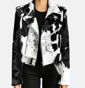Custom Cowhide Leather Biker Jacket Manufacturer | Genuine Hair-on Hide Moto <b>Coat</b> | Wholesale Punk Rock Western Style Outerwear - Product Image 6