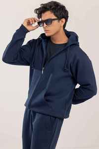 Sudadera con Capucha y Cierre para Hombre, Color Azul Marino, Corte Regular, 100% Algodón Felpa, Estilo Casual para Otoño, Tejido de Punto, Color Sólido - Product Image 3