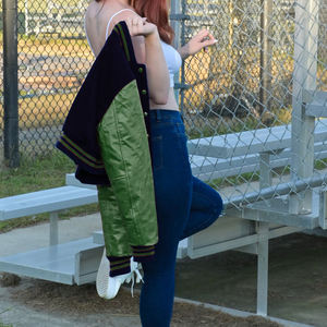 Veste courte universitaire pour femme, bleu marine et vert, style Letterman, manteau bomber, manches en similicuir, vêtement d'extérieur décontracté, mode féminine - Product Image 4