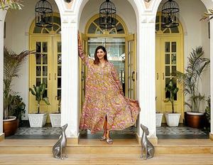 Pure Cotton Maxi <b>Dress</b> V-Neck Indian Block Print Embroidery Breathable Feature Comfy Casual Daywear for Summer <b>Beach</b> Goddess - Product Image 1