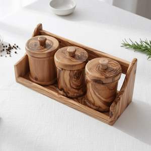 Juego completo de tarros de especias de madera de olivo con estante, contenedor de almacenamiento de condimentos artesanal para cocina, recipiente decorativo para azúcar, sal y pimienta. - Product Image 2