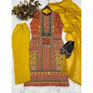 ÚLTIMO ESPEJO IMPRESO DE MUSELINA TRABAJO FONDO SUPERIOR CON MOSTAZA DUPATTA - Product Image 4