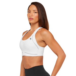 Sujetador deportivo de alto soporte para mujer con logo personalizado, de nailon y elastano, espalda cruzada, top de yoga de alto rendimiento, ropa de gimnasio y fitness, color blanco liso. - Product Image 4