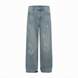Jean en denim coton-polyester coupe droite délavé pour homme – Haute qualité, vente en gros, OEM, personnalisé, directement de l'usine - Product Image 1