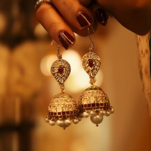 18K Gold Plated Brass Drop Jhumka Earrings with Zircon for Party - Product Image 3