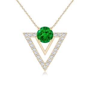 14k <b>Solid</b> <b>Gold</b> Natural Round Cut Emerald & Diamond Triangular Taurus <b>Pendant</b> Fine Jewelry Party Wear Stylish Link Chain Necklace - Product Image 1