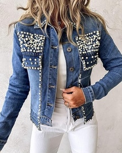 Veste en jean unie à col rabattu, style décontracté, boutonnage simple, décoration perlée, coupe classique, pour le printemps - Product Image 4