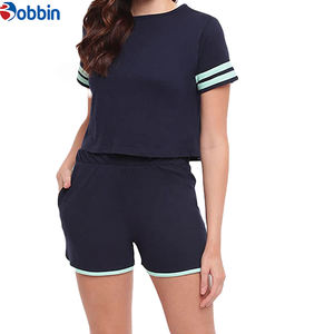 Ensembles d'été tendance pour femmes : Haut court et short, couleur bleue, col rond, manches courtes, tenue décontractée pour filles - Product Image 4