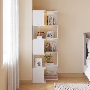Espositore angolare a 5 livelli a forma di L in truciolato bianco, da terra, 60x60x165 cm - Product Image 2