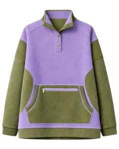 Sweat-shirt d'hiver surdimensionné en polaire pour femme, lavande et olive, avec col à boutons-pression et poche kangourou, style fabricant personnalisé - Product Image 1