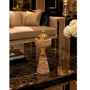 Brûleur d'encens moderne de luxe en marbre noir Portoro avec base en laiton brossé et dôme en maille nid d'abeille - Product Image 5