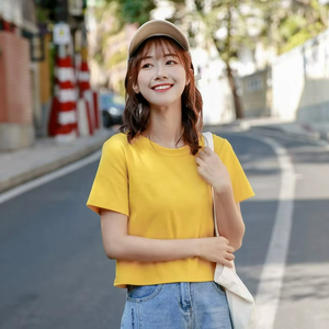 Camiseta de Verano con Logotipo Personalizado, Estilo Coreano, Corta, Informal, de Moda, de Color Sólido, de Manga Corta y Cuello Redondo para Mujer - Product Image 3