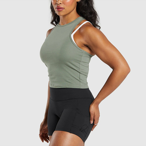 Débardeur court dos nageur vert olive pour femme 2026 – Couleur unie, tricoté, respirant, coupe sportive, longueur courte, col rond, idéal pour l'entraînement - Product Image 1