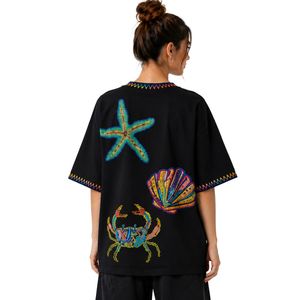 เสื้อยืดโอเวอร์ไซส์สีดำลายกราฟิกสำหรับผู้หญิง พิมพ์ลายมหาสมุทรหลากสีสัน สไตล์ลำลอง ผ้าฝ้าย สตรีทแวร์ ใส่สบายช่วงฤดูร้อน ทรงหลวม รับผลิตตามแบบ OEM ODM ขายส่ง - Product Image 1