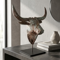 Sculpture de tête d'animal en bois artisanale Bull Suge, design moderne, œuvre d'art décorative de table avec support métallique, pour la maison et les anniversaires