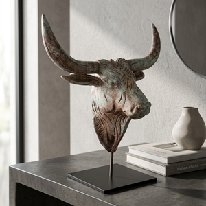 Bull Suge Stand Handcrafted <b>Wooden</b> Animal Head Sculpture <b>Rustic</b> Tribal Tabletop Decorative Artwork Metal Stand Home Decor Accent - Product Image 2