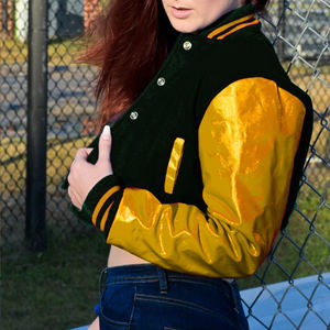 Chaqueta Corta Estilo Universitaria para Mujer, Color Verde Oscuro y Amarillo, Estilo Bomber, Mangas de Cuero Sintético, Ropa Exterior Informal, Moda Femenina - Product Image 2