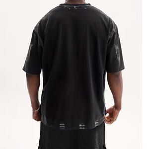 T-shirts déchirés à épaules tombantes pour hommes, 100 % coton, légers, impression de logo personnalisée, service OEM. - Product Image 4