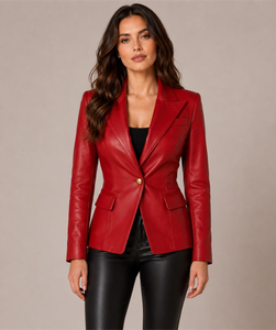 Red <b>Leather</b> <b>Blazer</b> Women's Single Button Notched Collar Long Sleeve Elegant Outerwear Solid Color All Seasons Casual <b>Jacket</b> - Product Image 2
