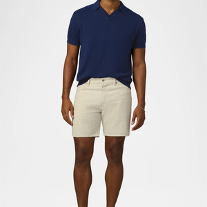 Men's Summer Breathable 100% Cotton <b>Waffle</b> Knitwear Vintage Johnny Collar Short Sleeve Color <b>Blocked</b> for Shirt Slim Fit - Product Image 1