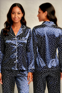 Ensemble de pyjama en satin bleu à pois pour femmes, manches courtes, col rabattu, fermeture à boutons, vêtements de nuit d'été - Product Image 4