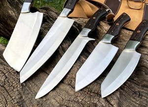 Juego de Cuchillos de Chef de Cinco Piezas Hechos a Mano con Diseño Vikingo, Cuchillos de Acero Inoxidable Ambidiestros con Mangos de Madera y Bolsa de Cuero Enrollable - Product Image 4