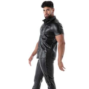 Camisa de Manga Corta Estilo Cuero Negro, Corte Ajustado, para Hombre, Ropa de Club, Fiesta Nocturna, Top de Moda - Product Image 3