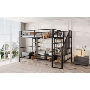 Letto a soppalco in metallo nero a grandezza naturale con scala, tavolo contenitore basso e scaffali portaoggetti - Product Image 6