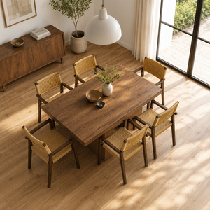 Chaise de salle à manger en teck massif, style scandinave moderne, écologique, avec accoudoirs et dossier tissé à la main Nusa - Product Image 6