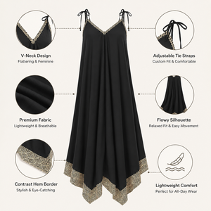 Women's <b>Black</b> Boho <b>Kaftan</b> Maxi <b>Dress</b> V-Neck Batwing Sleeves Contrast Hem 100% Cotton Breathable Lightweight Summer Beach Casual - Product Image 5
