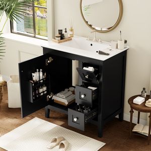 Vanità da bagno moderna da 30 pollici con 3 cassetti e lavello in ceramica con struttura in legno massiccio armadietto per la casa nero - Product Image 5