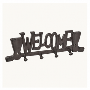 Vintage Cast Iron Welcome Wall <b>Hooks</b> Rustic Farmhouse Key Holder With 4 Decorative Boot <b>Hooks</b> For Entryway Mudroom Home Decor - Product Image 1