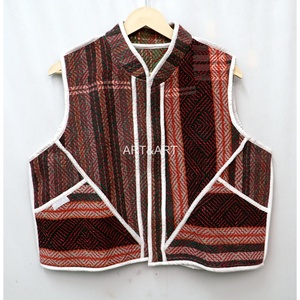 Indian Handmade Vintage Kantha Short <b>Knitted</b> Vest Jacket for <b>Women</b> Winter Outerwear 100% Cotton V-Neck Breathable Eco-Friendly - Product Image 1