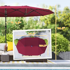 Ombrellone Bifacciale con Luci Solari LED, Raggio 2,5m, Rosso Vino, per Esterni in Cotone e Poliestere - Product Image 3