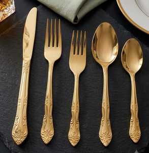 Ensemble de couverts de luxe en or, manche floral vintage, en acier inoxydable, cuillère à dessert royale, fourchette, ensemble de couverts pour mariage - Product Image 1