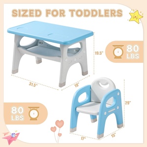 Table moderne en plastique pour enfants avec 2 chaises, étagère de rangement et protège-pieds antidérapants pour activités, repas, jeux, école et salle de sport des tout-petits - Product Image 2