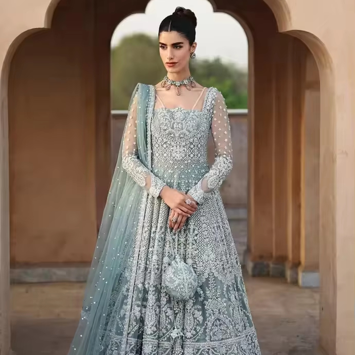 green and pink summer dress Maria Osama Khan - Emerald Green - BOTTLE GREEN - RAWSILK & Organza - –  Studio By TCS main image 1