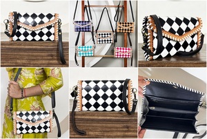 Trendy Ladies Hand <b>Tooled</b> Genuine Cowhide <b>Leather</b> Crossbody Bag Checkered Pattern Sling Purse Handmade Clutch Adjustable Strap - Product Image 3