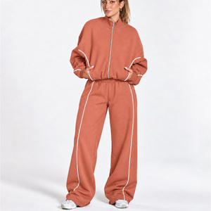 <b>Women</b> Contrastline Zipper Tracksuit Casual Two Piece Set Relaxed Fit <b>Jacket</b> And Wide Leg Pants Matching Outfit Wholesale Apparel - Product Image 1