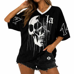 Camiseta Deportiva Oversize Negra de Malla para Mujer con Gráfico de Calavera, Estilo Streetwear, Cuello en V, Servicio OEM de Logotipo Personalizado al por Mayor - Product Image 5